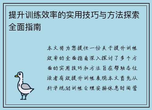 提升训练效率的实用技巧与方法探索全面指南